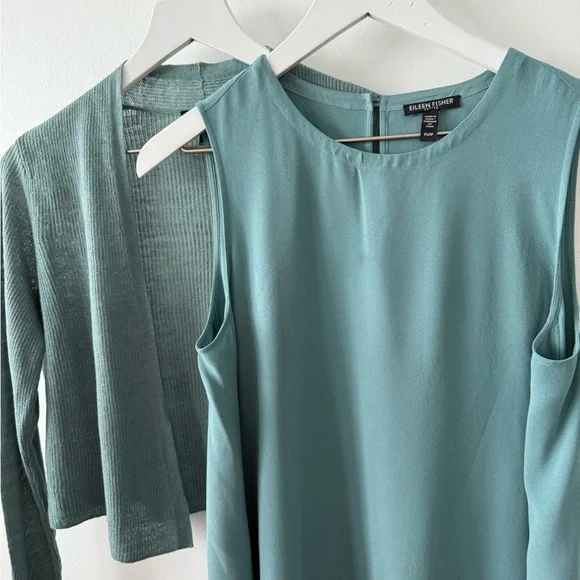 Eileen Fisher Silk Georgette Crepe Round Neck Dress Teal SP - Picture 9 of 9